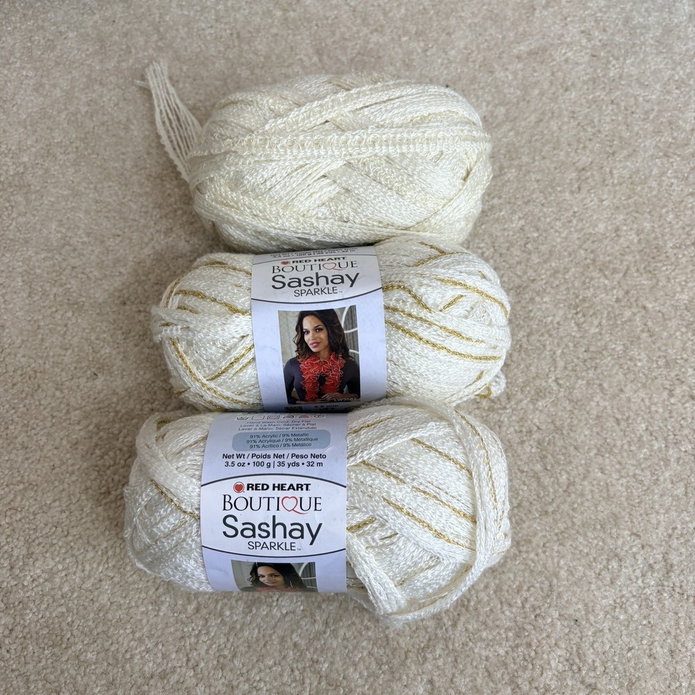 Red Heart Boutique Sashay Sparkle Metallic Yarn Ivory Gold Midas Lot of 2 Plus 1